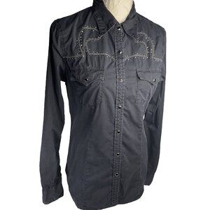 True Religion W sz M Cowgirl Faux Gems Western Snap Yoke Pockets Tailored Shirt